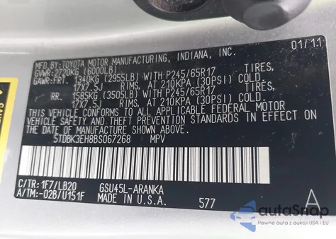 2011 Toyota Highlander Se z USA, uszkodzony, nr VIN 5TDBK3EH4BS067266